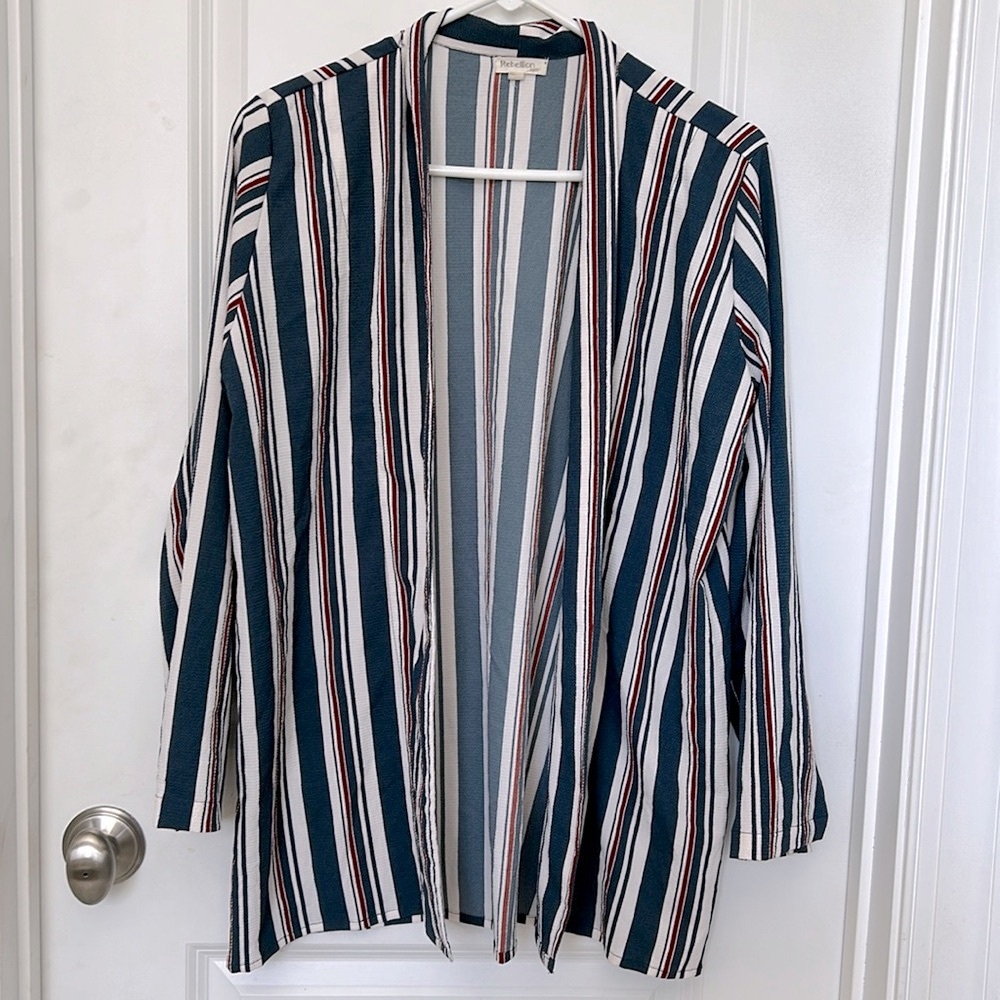 Rebellion | women’s size medium open front cardigan teal burgundy white stripe